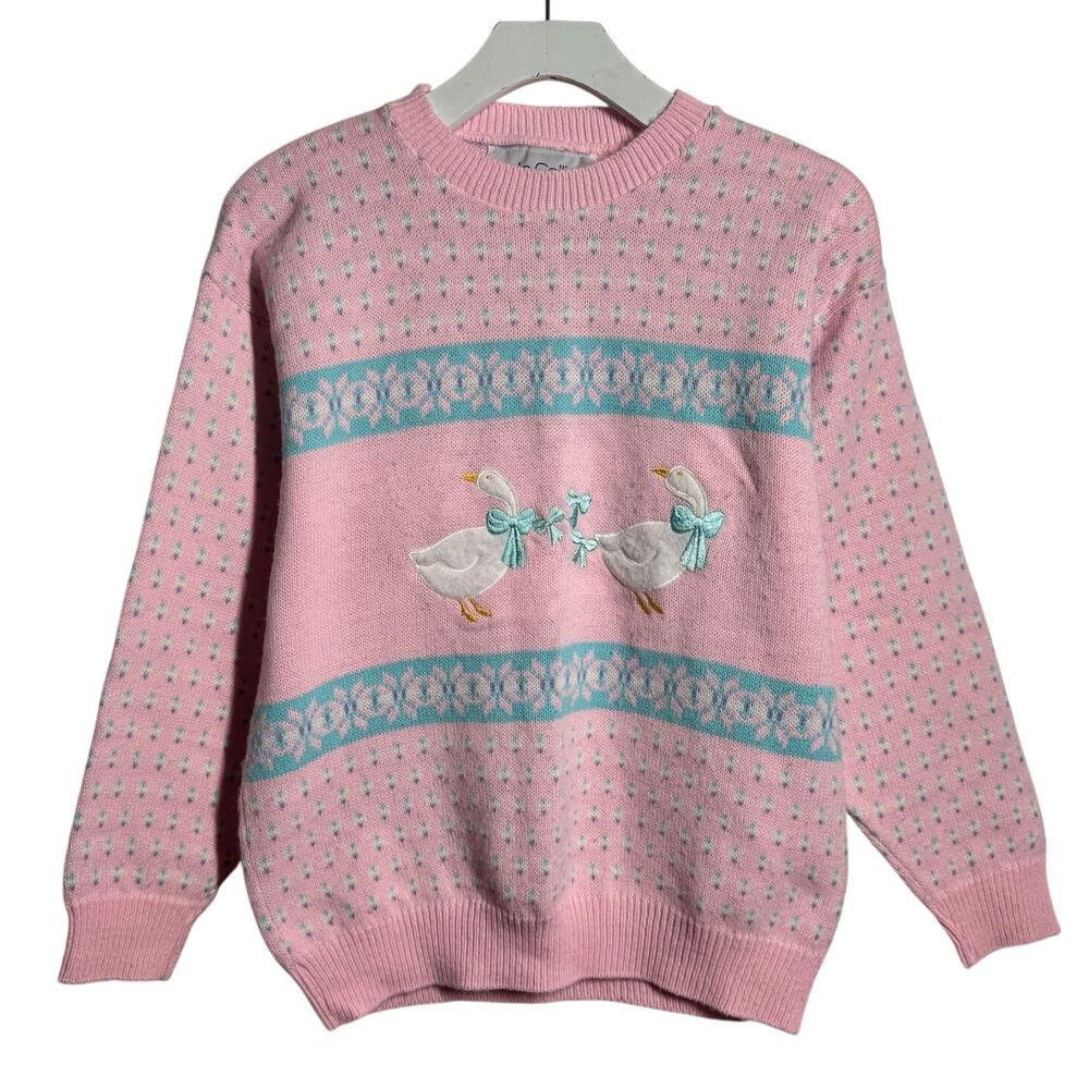 Vintage Kate Collins Goose Sweater Pink Embroidered Novelty Knit USA Cottagecore